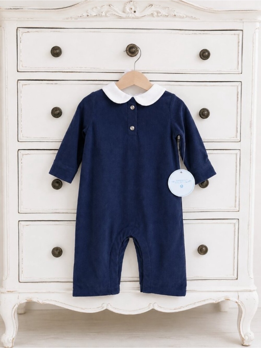 Edgehill Collection Boy's Navy Corduroy One-Piece Romper 12M Peter Pan Collar